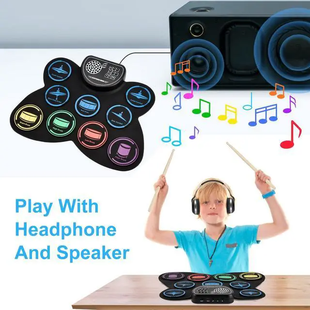 Alt view image 5 of 6 - Electronic Drum Set, 9 Drum Practice Pad with Headphone Jack, Roll-up Pad Machine Built-in Speaker Drum Pedals Sticks 10 Hours Playtime, Great Holiday Xmas Birthday Gift for Kids