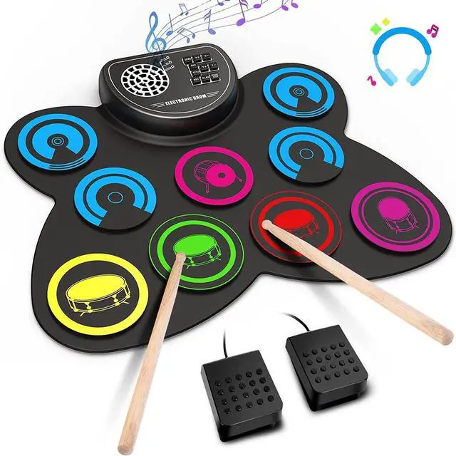 Main image of 9-Pads Electronic Drum Set with Headphone Jack Speaker Drumsticks & Pedals, Holiday Gifts for Kids