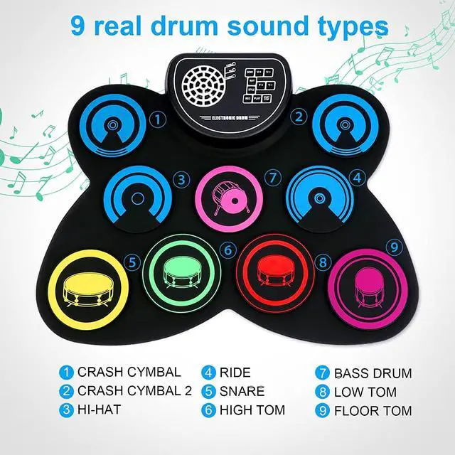 Alt view image 2 of 6 - 9-Pads Electronic Drum Set with Headphone Jack Speaker Drumsticks & Pedals, Holiday Gifts for Kids