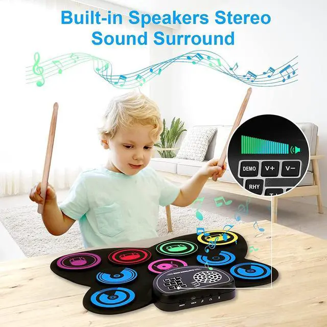 Alt view image 3 of 6 - 9-Pads Electronic Drum Set with Headphone Jack Speaker Drumsticks & Pedals, Holiday Gifts for Kids
