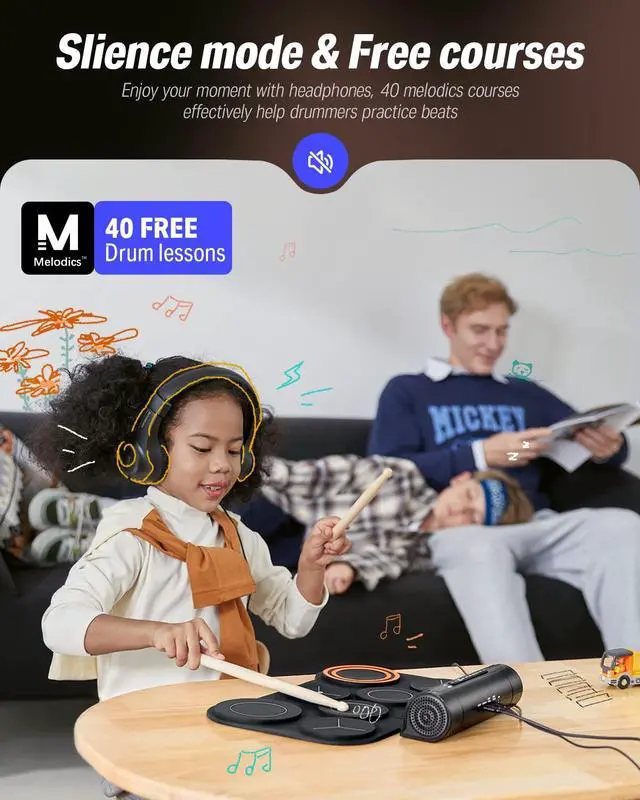 Alt view image 3 of 7 - Electronic Drum Set, 7 Pads Electric Drum Pad Roll Up Quiet Drum Pad Built-in Speaker, 40 Drum Lessons Included, Kids Holiday Christmas & Birthday Gift Instrument Toys(DED-20)