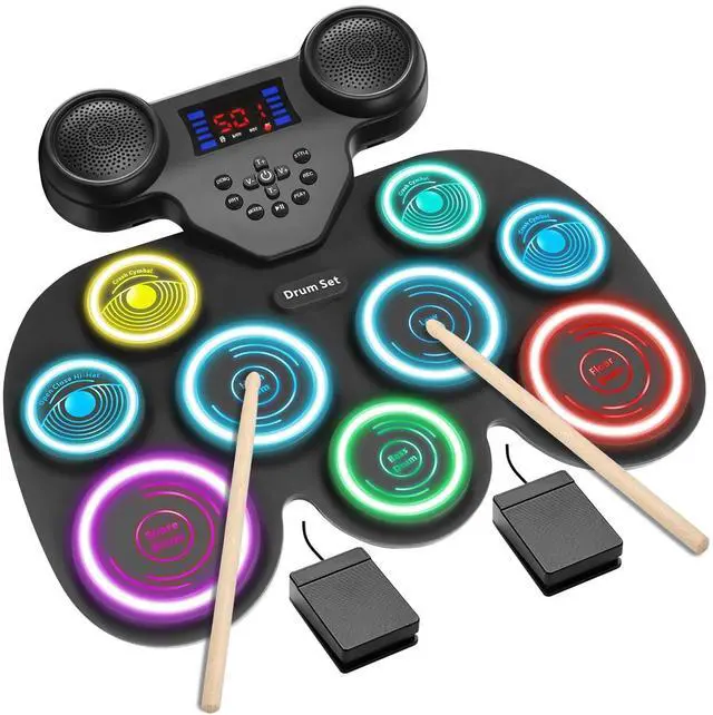 Main image of Electric Drum Set with 7-Color Dynamic LED Lights, 9-Pad Electronic Drum Set with Dual Speakers, Bluetooth MIDI, Portable Practice Drum Pad for Kids & Adult Beginners, Christmas Birthday Gift