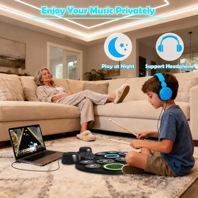 Alt view image 4 of 7 - Electric Drum Set with 7-Color Dynamic LED Lights, 9-Pad Electronic Drum Set with Dual Speakers, Bluetooth MIDI, Portable Practice Drum Pad for Kids & Adult Beginners, Christmas Birthday Gift