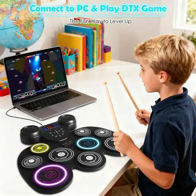 Alt view image 6 of 7 - Electric Drum Set with 7-Color Dynamic LED Lights, 9-Pad Electronic Drum Set with Dual Speakers, Bluetooth MIDI, Portable Practice Drum Pad for Kids & Adult Beginners, Christmas Birthday Gift