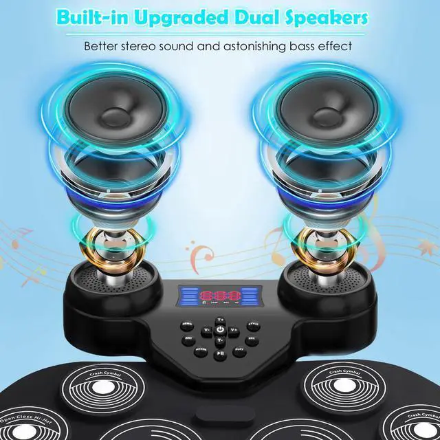 Alt view image 3 of 7 - Electric Drum Set with 7-Color Dynamic LED Lights, 9-Pad Electronic Drum Set with Dual Speakers, Bluetooth MIDI, Portable Practice Drum Pad for Kids & Adult Beginners, Christmas Birthday Gift