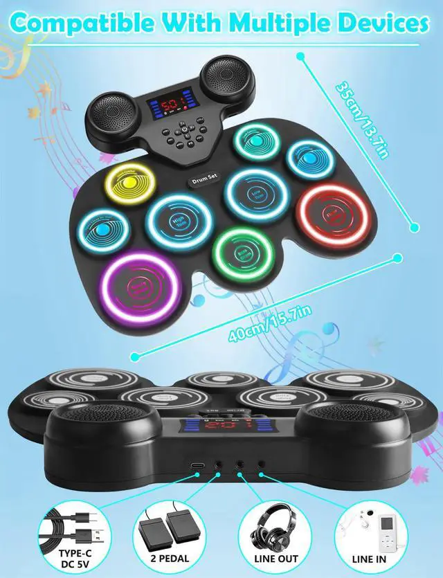 Alt view image 7 of 7 - Electric Drum Set with 7-Color Dynamic LED Lights, 9-Pad Electronic Drum Set with Dual Speakers, Bluetooth MIDI, Portable Practice Drum Pad for Kids & Adult Beginners, Christmas Birthday Gift