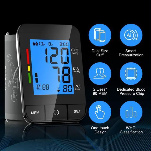 Alt view image 2 of 7 - Accurate Digital BP Machine - Automatic Blood Pressure Monitor with XL Cuff (13-21") & M/L Cuff (9-17") for Big/Medium Arms, Large Backlit LCD Display, 360° Adjustable & Portable for Adults
