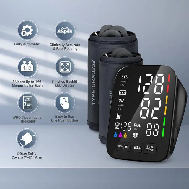 Alt view image 2 of 7 - Blood Pressure Monitor for Home Use - 2 Size Cuffs (9"-17" & 13"-21"), Fits Medium, Large & Extra Large XL Upper Arms, Accurate Digital Automatic BP Machine, 5" LED Display, 3-User Mode, Model U80A