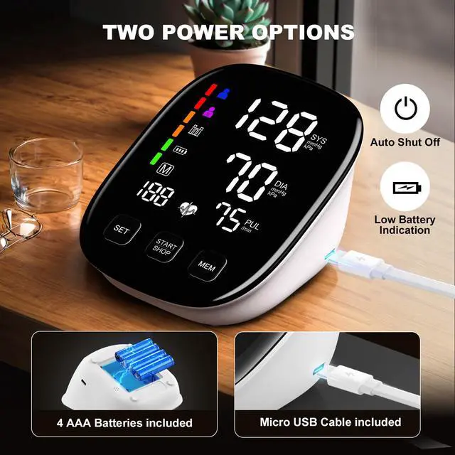 Alt view image 5 of 7 - Blood Pressure Monitors for Home Use, 9-17'' & 13-21'' Extra Large Blood Pressure Cuff Upper Arm Blood Pressure Machine, 6 in Large LED Backlit Display, USB Cable & Batteries Included
