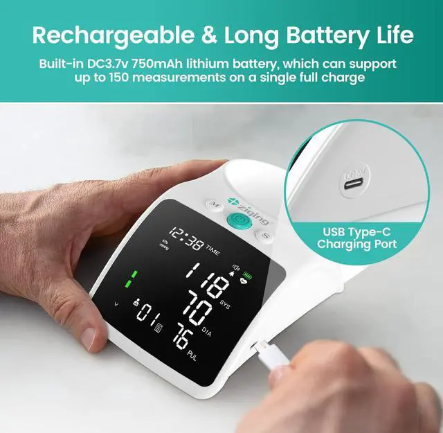 Alt view image 3 of 6 - Blood Pressure Monitor, Rechargeable High Blood Pressure Cuff Upper Arm with Large Cuff XL, Led Backlit Screen & 2 * 99 Sets of Memory - Talking Bp Machine with Carrying Case