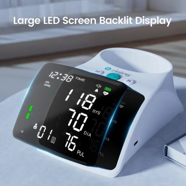 Alt view image 2 of 6 - Blood Pressure Monitor, Rechargeable High Blood Pressure Cuff Upper Arm with Large Cuff XL, Led Backlit Screen & 2 * 99 Sets of Memory - Talking Bp Machine with Carrying Case