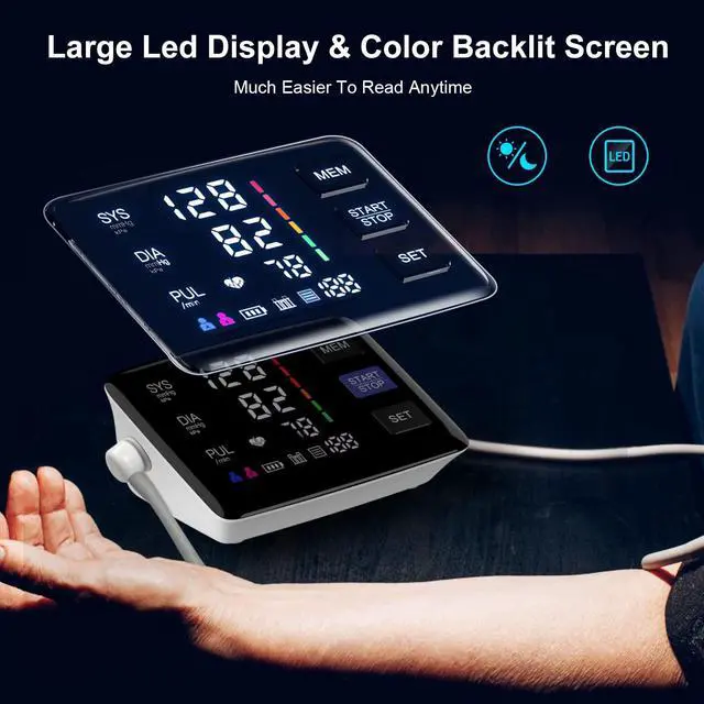 Alt view image 4 of 7 - Blood Pressure Monitor, 9-17'' & 13-21'' Extra Large Blood Pressure Cuff Upper Arm, LED Color Backlit Screen Automatic Digital Blood Pressure Machine with USB Cable and 4 AAA Batteries