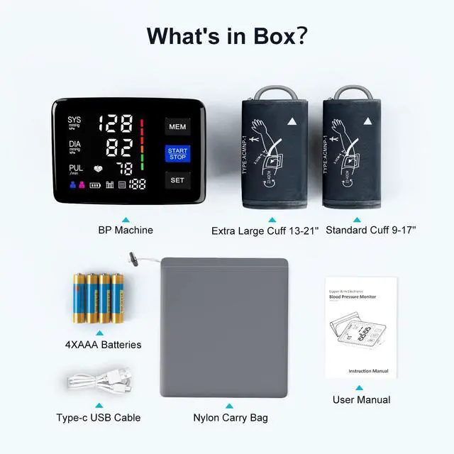 Alt view image 7 of 7 - Blood Pressure Monitor, 9-17'' & 13-21'' Extra Large Blood Pressure Cuff Upper Arm, LED Color Backlit Screen Automatic Digital Blood Pressure Machine with USB Cable and 4 AAA Batteries