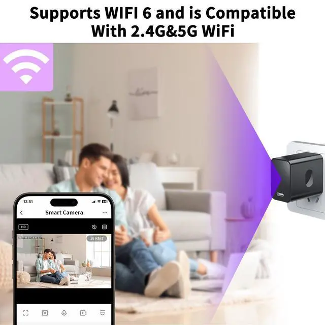 Alt view image 4 of 5 - Smart Mini Camera Charger with 2.4G&5GHz WiFi, FHD 1080P Nanny Camera with Human Detection, Night Vision, 160°Wide View-Angle, Real Time Monitoring, Best Small Cameras for Pets
