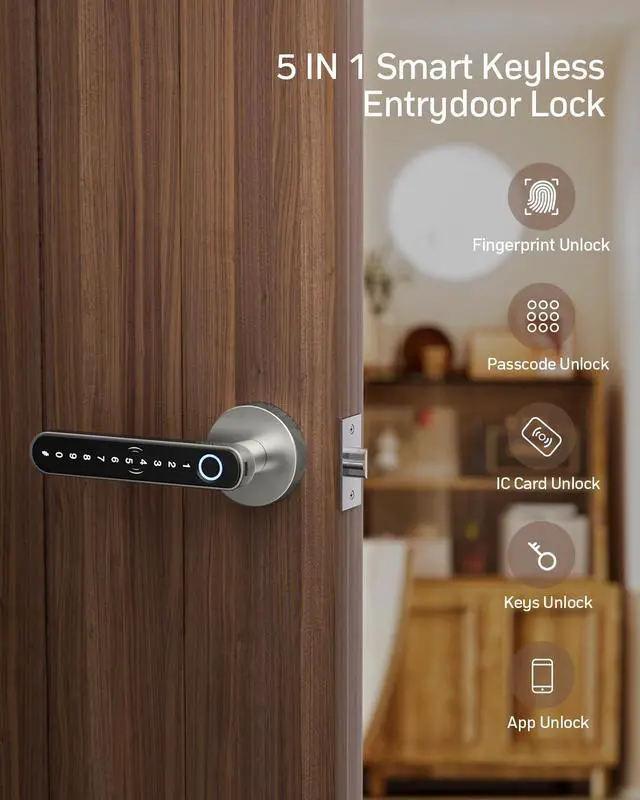 Alt view image 3 of 7 - Smart Door Lock Fingerprint, Keyless Entry Door Lock with Handle, APP/IC Cards/Codes/Keys/Fingerprints Biometric Electronic Keyless Entry Lock for Bedroom Home Hotel Office