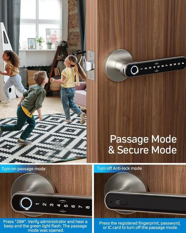 Alt view image 4 of 7 - Smart Door Lock Fingerprint, Keyless Entry Door Lock with Handle, APP/IC Cards/Codes/Keys/Fingerprints Biometric Electronic Keyless Entry Lock for Bedroom Home Hotel Office