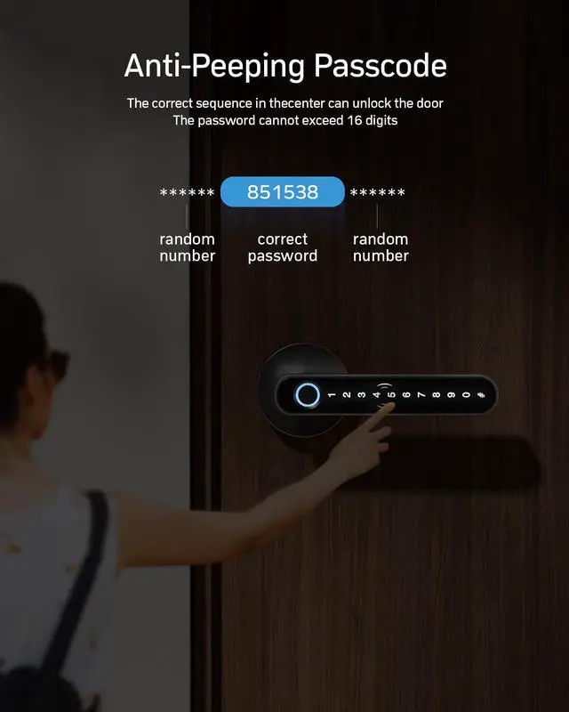 Alt view image 5 of 7 - Smart Door Lock Fingerprint, Keyless Entry Door Lock with Handle, APP/IC Cards/Codes/Keys/Fingerprints Biometric Electronic Keyless Entry Lock for Bedroom Home Hotel Office