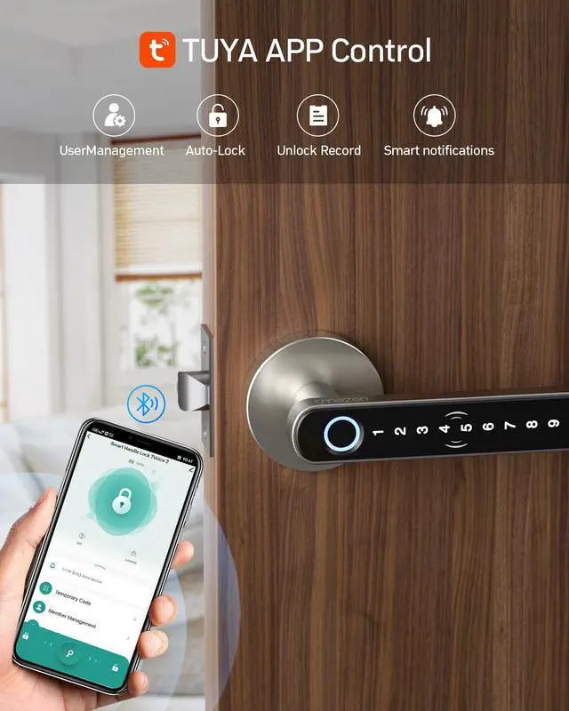 Alt view image 6 of 7 - Smart Door Lock Fingerprint, Keyless Entry Door Lock with Handle, APP/IC Cards/Codes/Keys/Fingerprints Biometric Electronic Keyless Entry Lock for Bedroom Home Hotel Office