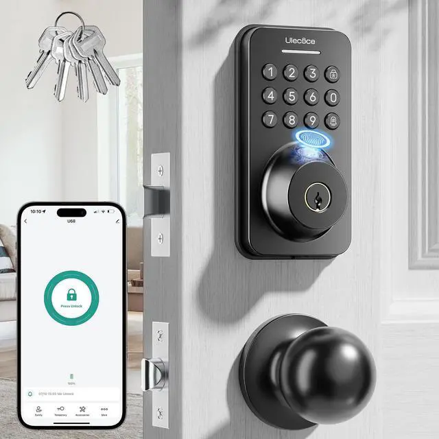 Main image of Fingerprint Keypad Deadbolt with Handle Set, Keyless Entry Door Lock, Door Locks for Front Door Lock Set, App Control, Auto Locking, Easy to Install, Matte Black