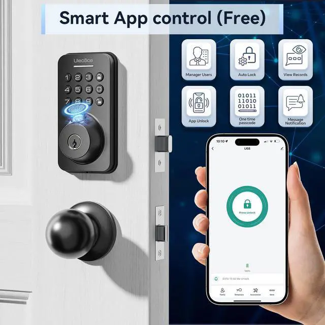 Alt view image 3 of 7 - Fingerprint Keypad Deadbolt with Handle Set, Keyless Entry Door Lock, Door Locks for Front Door Lock Set, App Control, Auto Locking, Easy to Install, Matte Black