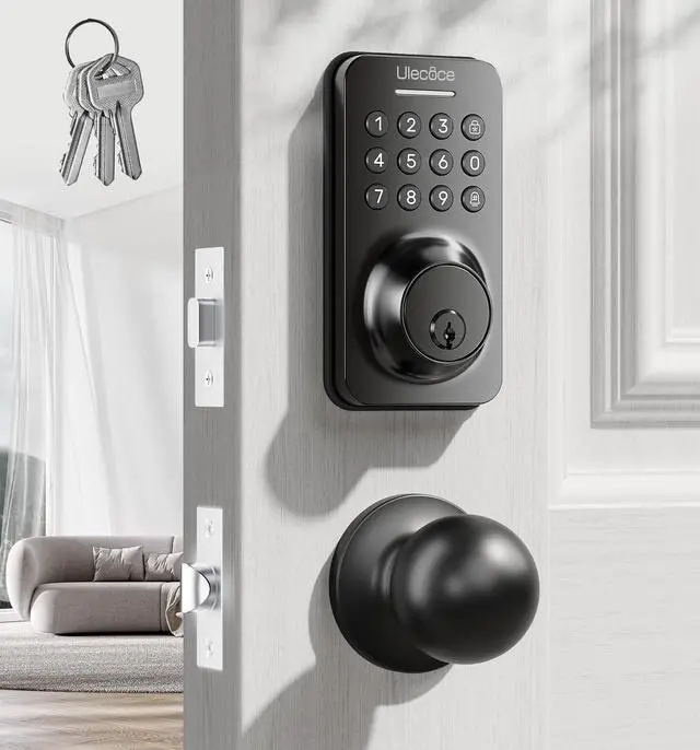 Main image of Keyless Entry Keypad Deadbolt with Handle Set, Smart Lock, Auto-Lock + One-Touch Lock, 100 Codes + 15-Min Easy Install, Ideal for Airbnb/Homes/Offices, Fits U.S. Standard Front Doors, Black