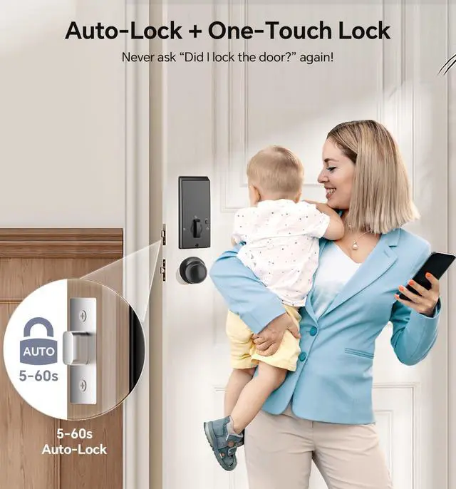 Alt view image 3 of 7 - Keyless Entry Keypad Deadbolt with Handle Set, Smart Lock, Auto-Lock + One-Touch Lock, 100 Codes + 15-Min Easy Install, Ideal for Airbnb/Homes/Offices, Fits U.S. Standard Front Doors, Black