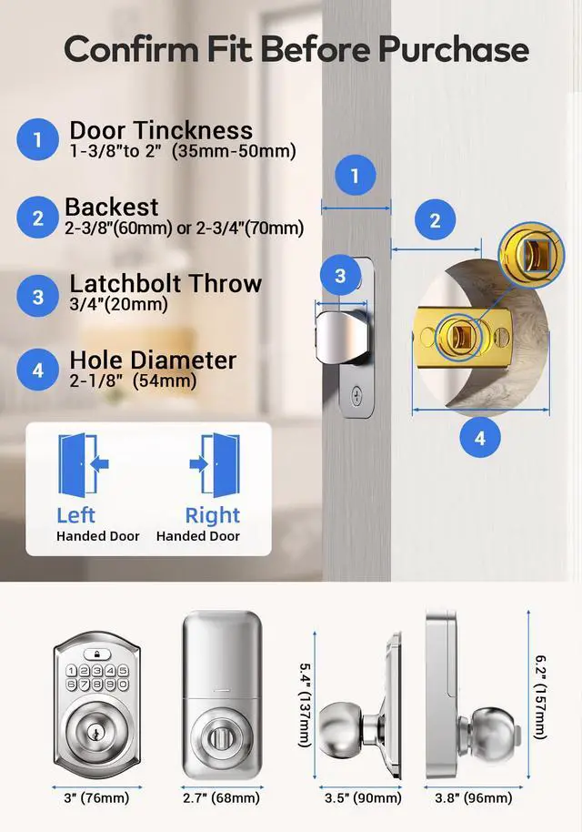 Alt view image 2 of 7 - Keyless Entry Keypad Door Lock with Handle, Electronic Digital Smart Deadbolt Locks with 2 Backup Keys, Door Knob with Code for Front Door Bedroom, Auto Lock, Easy to Install, Satin Nickel