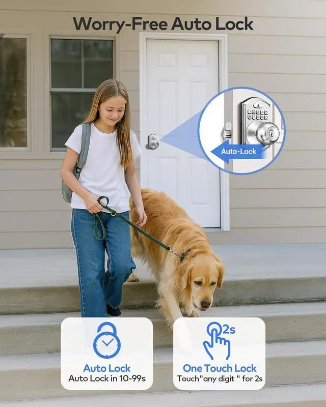 Alt view image 4 of 7 - Keyless Entry Keypad Door Lock with Handle, Electronic Digital Smart Deadbolt Locks with 2 Backup Keys, Door Knob with Code for Front Door Bedroom, Auto Lock, Easy to Install, Satin Nickel