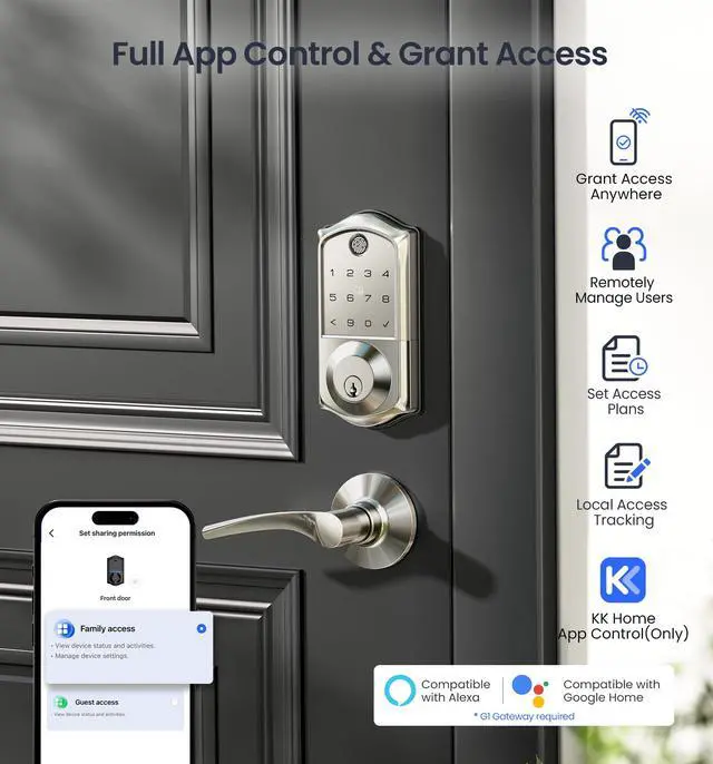 Alt view image 2 of 7 - Fingerprint Smart Door Lock, App Control, 8-in-1 Keyless Entry, Auto Lock, Emergency Power Port, Electronic Touchscreen Keypad, Biometric Smart Locks for Front Door, Satin Nickel