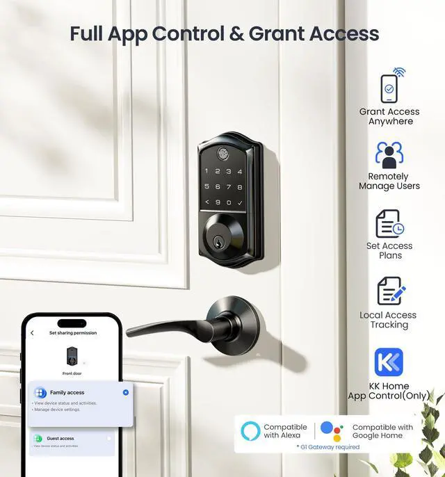 Alt view image 2 of 7 - Fingerprint Smart Door Lock, App Control, 8-in-1 Keyless Entry, Auto Lock, Emergency Power Port, Electronic Touchscreen Keypad, Biometric Smart Locks for Front Door, Matte Black