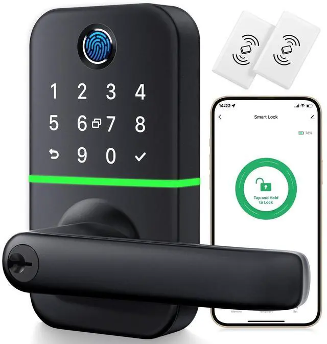 Main image of Keypad Smart Door Lock with Handle: Keyless Entry Fingerprint Lock - Digital Code Handle with Keypad - Electronic Smart Knob for Front Door - Deadbolt Alternative with App - Easy Installation