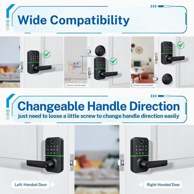 Alt view image 5 of 6 - Keypad Smart Door Lock with Handle: Keyless Entry Fingerprint Lock - Digital Code Handle with Keypad - Electronic Smart Knob for Front Door - Deadbolt Alternative with App - Easy Installation