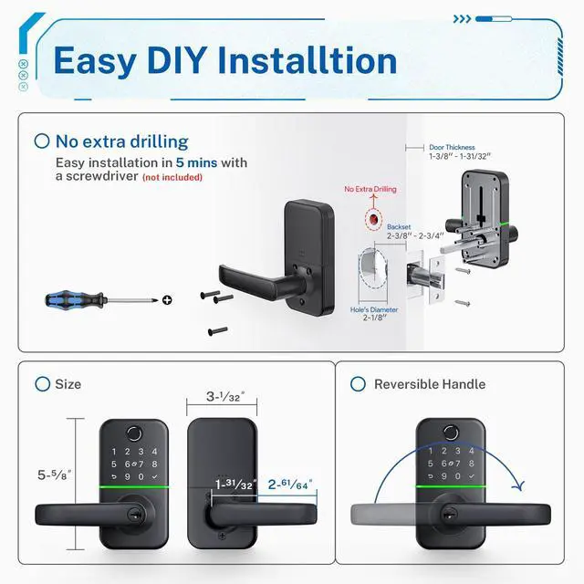 Alt view image 6 of 6 - Keypad Smart Door Lock with Handle: Keyless Entry Fingerprint Lock - Digital Code Handle with Keypad - Electronic Smart Knob for Front Door - Deadbolt Alternative with App - Easy Installation