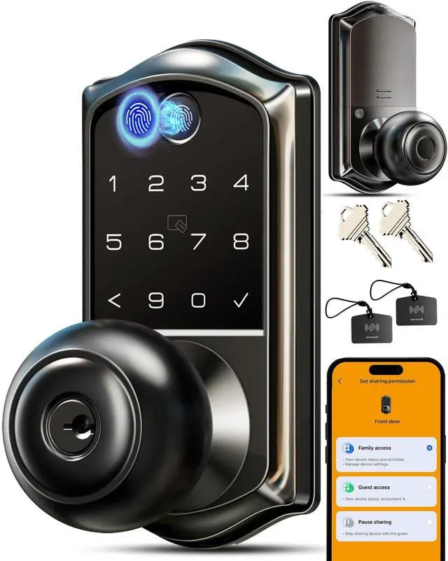 Main image of Smart Knob Handle Lock - Fingerprint, App Control, Keyless Entry for Front Door and Bedroom, Electronic Digital Keypad, Auto Lock, Remote Access Sharing, IP55 Weatherproof, Matte Black