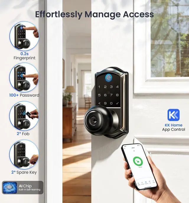 Alt view image 2 of 7 - Smart Knob Handle Lock - Fingerprint, App Control, Keyless Entry for Front Door and Bedroom, Electronic Digital Keypad, Auto Lock, Remote Access Sharing, IP55 Weatherproof, Matte Black