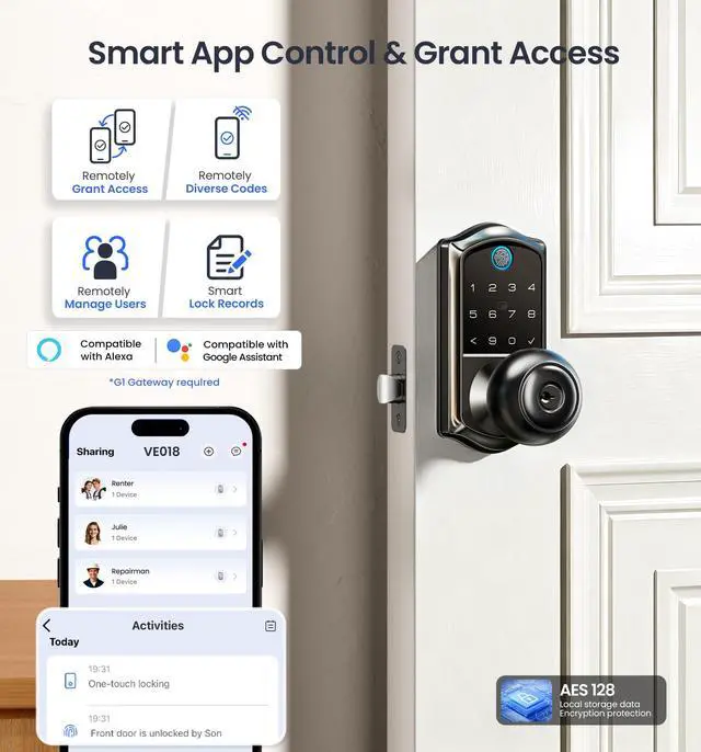 Alt view image 3 of 7 - Smart Knob Handle Lock - Fingerprint, App Control, Keyless Entry for Front Door and Bedroom, Electronic Digital Keypad, Auto Lock, Remote Access Sharing, IP55 Weatherproof, Matte Black