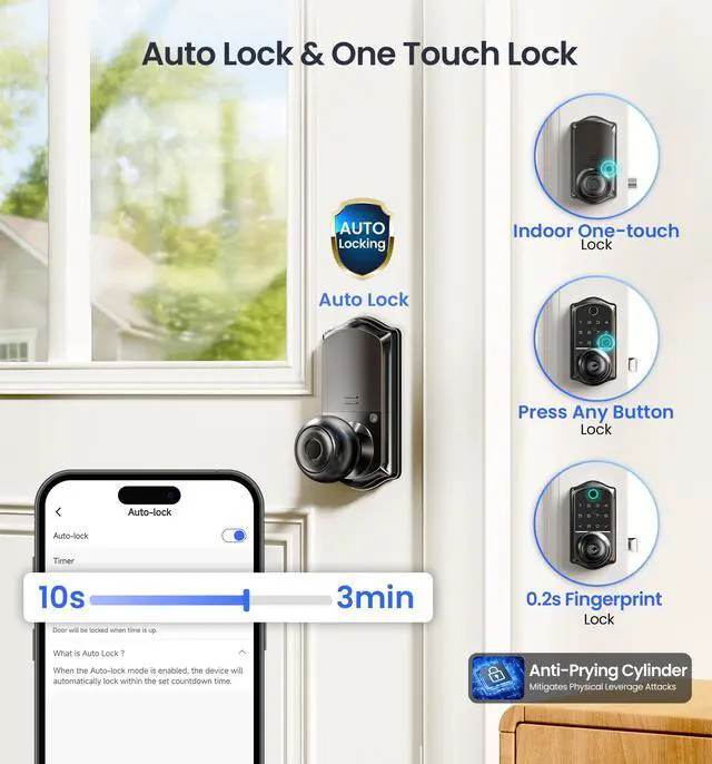 Alt view image 6 of 7 - Smart Knob Handle Lock - Fingerprint, App Control, Keyless Entry for Front Door and Bedroom, Electronic Digital Keypad, Auto Lock, Remote Access Sharing, IP55 Weatherproof, Matte Black