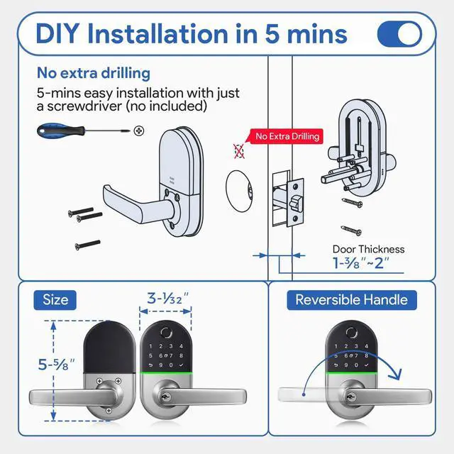 Alt view image 5 of 6 - Smart Keypad Door Lock with Handle: Keyless Entry Fingerprint Lock for Front/Interior Door, Electronic Digital Lock with Code, Easy Installation(Model X1)