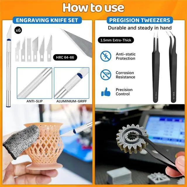 Alt view image 5 of 7 - 50Pcs 3D Printer Tool Kit & Accessories for All FDM/SLA Printers, Includes Nozzle Cleaning Kit, Scraper, Deburring Tool, Files, Brushes - Complete Starter Kit with Case