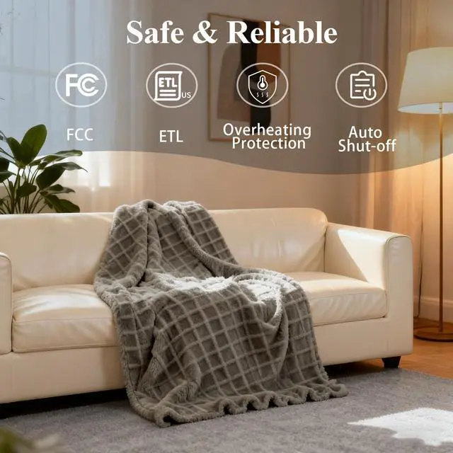 Alt view image 6 of 7 - Heated Blanket Electric Throw, 50"X60" Heating Blanket Waffle with 12 Heat Levels, Fast Heating Blanket with 1-12H Timer, Overheat Protection with ETL & FCC for Bed Home Office Sofa (Light Gray