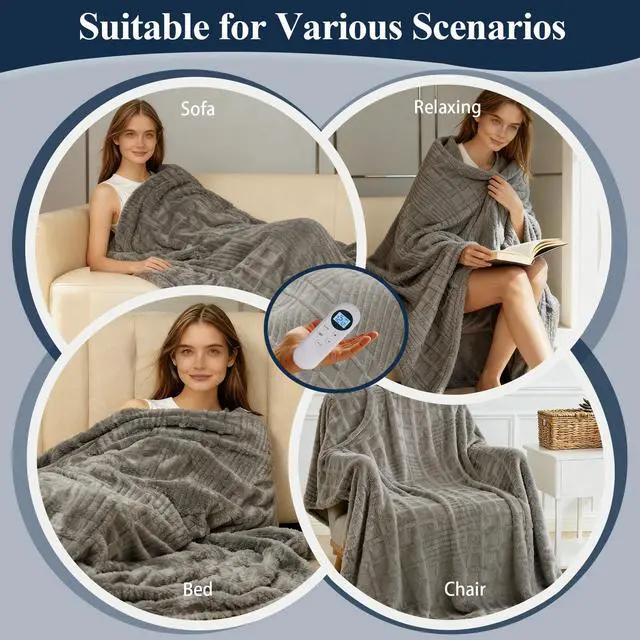 Alt view image 7 of 7 - Heated Blanket Electric Throw, 50"X60" Heating Blanket Waffle with 12 Heat Levels, Fast Heating Blanket with 1-12H Timer, Overheat Protection with ETL & FCC for Bed Home Office Sofa (Light Gray