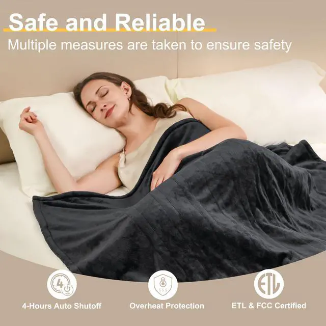 Alt view image 2 of 6 - Electric Heated Blanket Throw,Double Flannel Electric Throw with 3 Heating Levels,ETL&FCC Certified, 4H Auto Off Overheat Protection,Heating Blanket for Home Office,Gifts,50"x60",Gray