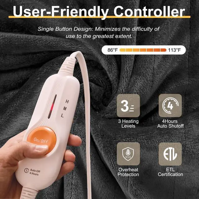 Alt view image 4 of 6 - Electric Heated Blanket Throw,Double Flannel Electric Throw with 3 Heating Levels,ETL&FCC Certified, 4H Auto Off Overheat Protection,Heating Blanket for Home Office,Gifts,50"x60",Gray