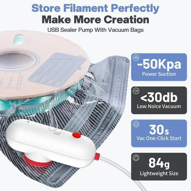 Alt view image 6 of 7 - Filament Vacuum Storage Kit with USB Pump, 20 Pack Light-Proof Vacuum Sealed Bags for 3D Filament, Spool Sealing for Keeping Dry and Clean (12.6 * 13.38 in)
