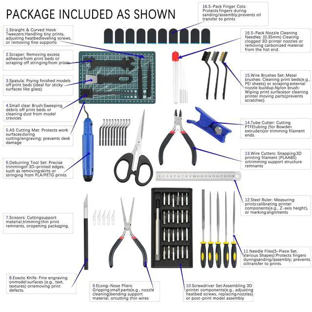 Alt view image 2 of 6 - 80-in-1 3D Printer Tools Kit with Cutting Mat, Storage Bag, Nozzle Cleaner, Deburring Tool, Tweezers, Pliers, Scrapers, Blades Complete Accessories Set for FDM/SLA 3D Print Cleaning & Finishing