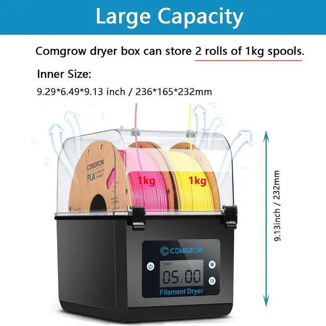 Alt view image 3 of 7 - 3D Printer Filament Dryer Box, Comgrow 3D Filament Storages, Keeping Filaments Dry During 3D Printing, Compatible with 1.75mm/2.85mm PLA ABS Material, Filament Dehydrator, Spool Holder