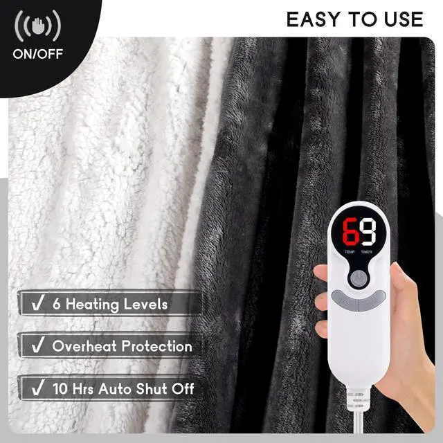 Alt view image 3 of 7 - Heated Blanket Electric Blanket Full Size 72''x84'' with 9 Heating Levels, 1-10 Hour Auto Shut Off, Machine Washable, Flannel & Sherpa Soft Warming Blanket for Couch, Bed, Office - Dark Grey