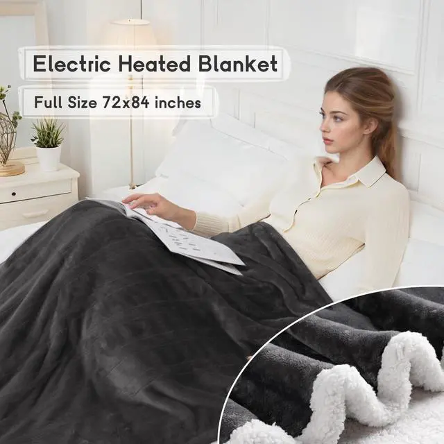 Alt view image 5 of 7 - Heated Blanket Electric Blanket Full Size 72''x84'' with 9 Heating Levels, 1-10 Hour Auto Shut Off, Machine Washable, Flannel & Sherpa Soft Warming Blanket for Couch, Bed, Office - Dark Grey