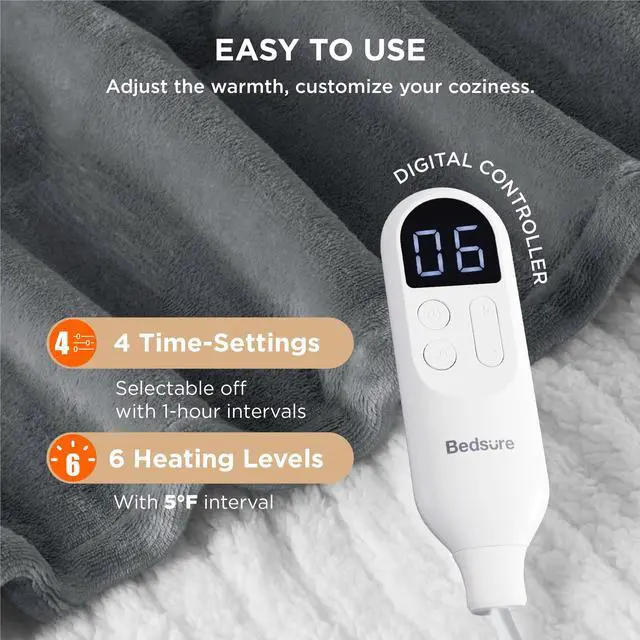 Alt view image 4 of 7 - Heated Blanket Throw Blanket - Fast Heating Electric Blanket, Soft Flannel Heated Throw with 4 Time Settings, 6 Heating Settings, Warm Gifts for Grandma & Grandpa & Seniors (50x60, Grey)