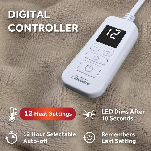 Alt view image 3 of 7 - Electric Royal Luxe Microplush Heated Blanket, 12 Heat Settings, 12-Hour Auto Shut-Off, Fast Heating, Warm & Cozy, Machine Washable, Mushroom Color, Full (84" x 72")